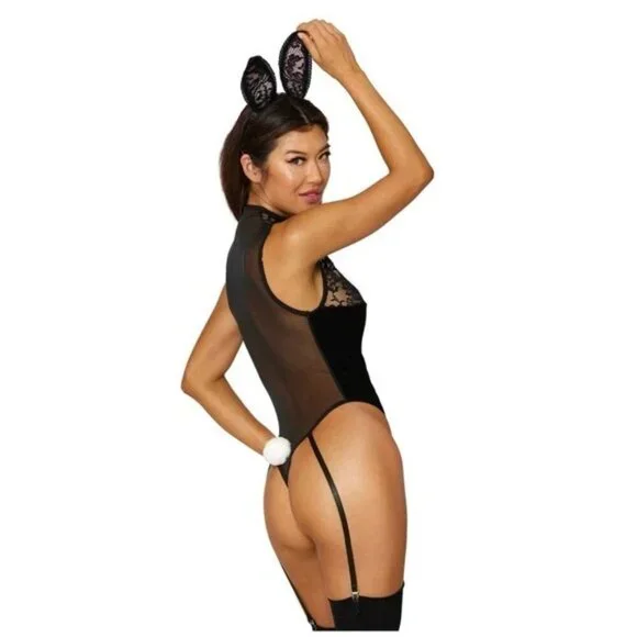 NWB Dreamgirl Lingerie Bunny Vixen O/S Velvet Lace Garter Teddy Lace-up ST.12914